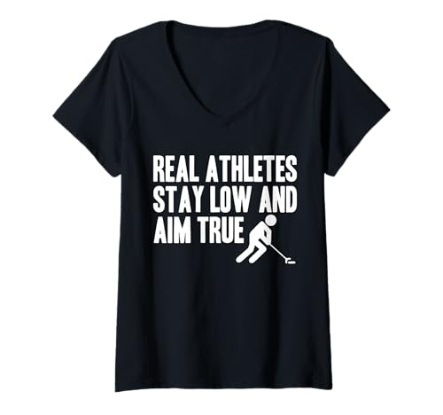 Damen Real Athletes Stay Low and Aim True Shuffleboard Player T-Shirt mit V-Ausschnitt von Shuffleboard Spiel Sportart Designs Idee