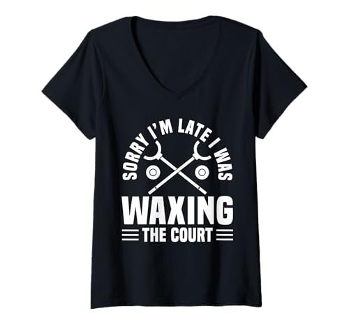 Damen Sorry Im Late I was Waxing The Court Shuffleboard Player T-Shirt mit V-Ausschnitt von Shuffleboard Spiel Sportart Designs Idee