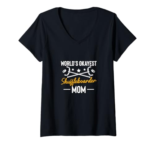 Damen Worlds Okayest Shuffleboarder Mom Mothers Day Player T-Shirt mit V-Ausschnitt von Shuffleboard Spiel Sportart Designs Idee