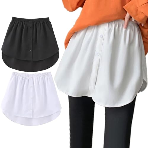 Shujin 2 Stück Hemdverlängerung Blusenrock Damen Mini Unterrock Shirt Extender Fake Top Bluse Lower Skirt Sweep Hemd Minirock Saum mit Knöpfen,Schwarz+Weiß,S von Shujin