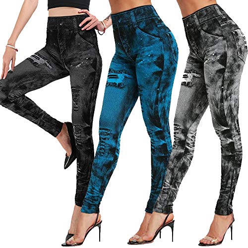 Shujin 3 Stück Set Damen Jeansoptik Leggings Hohe Taillen Leggings Treggings Jeggings Skinny Hose Stretch Tights Streetwear Freizeithose(3er/Set A,XL) von Shujin