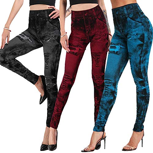 Shujin 3 Stück Set Damen Jeansoptik Leggings Hohe Taillen Leggings Treggings Jeggings Skinny Hose Stretch Tights Streetwear Freizeithose(3er/Set B,3XL) von Shujin