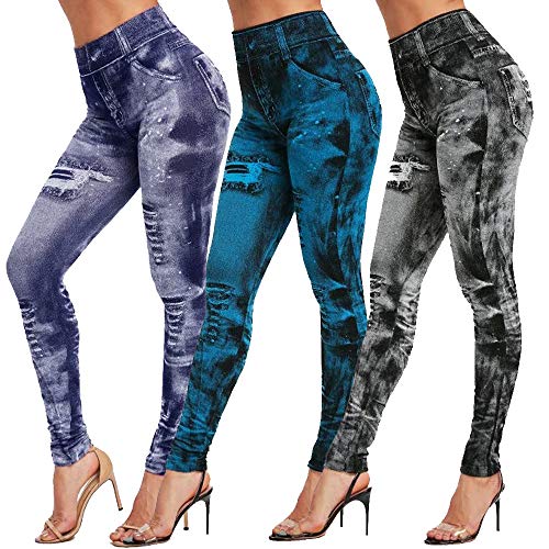 Shujin 3 Stück Set Damen Jeansoptik Leggings Hohe Taillen Leggings Treggings Jeggings Skinny Hose Stretch Tights Streetwear Freizeithose(3er/Set C,3XL) von Shujin