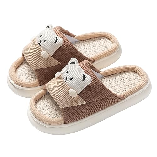 Shujin Cute Cow Slippers,Unisex Kawaii Cartoon Slippers Bär Hausschuhe Süße Tier Linen Hausschuh Rutschfeste Weiche Dicke Sohlen Pantoletten Niedliche Kuschelige Wolke Slides(Braun,44/45 EU) von Shujin