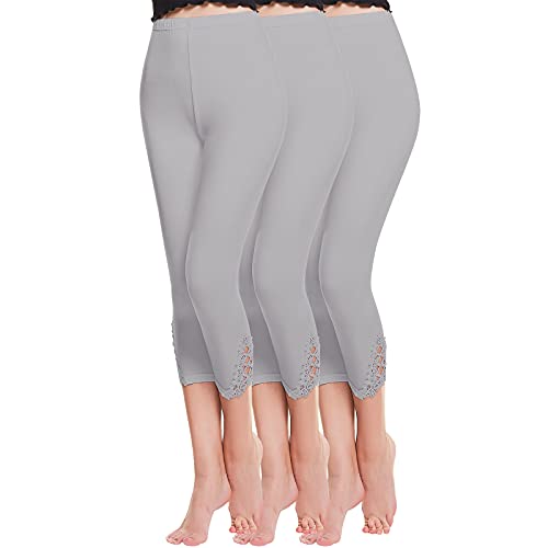 Shujin Damen 3/4 Länge Leggings mit Spitzenbesatz 3er Pack Modal Capri Leggings Basic Sommer Dünne Hosen Weich Elastisch Casual kurz Freizeithose (3*Grau,Einheitsgröße) von Shujin