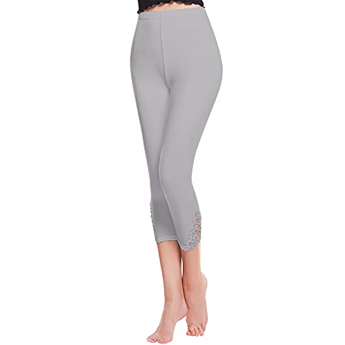 Shujin Damen 3/4 Länge Leggings mit Spitzenbesatz Modal Capri Leggings Basic Sommer Dünne Hosen Weich Elastisch Casual kurz Freizeithose (A Grau,Einheitsgröße) von Shujin