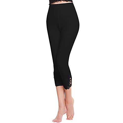 Shujin Damen 3/4 Länge Leggings mit Spitzenbesatz Modal Capri Leggings Basic Sommer Dünne Hosen Weich Elastisch Casual kurz Freizeithose (A Schwarz,Einheitsgröße) von Shujin