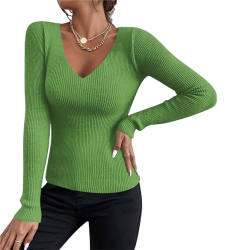 Shujin Damen Basic Strickpullover mit V-Ausschnitt Gerippt Slim Fit Dünn Pulli Sexy Langarmshirt Strickpulli Lässige Sweater Pullover für Herbst Winter(Grün,One Size) von Shujin