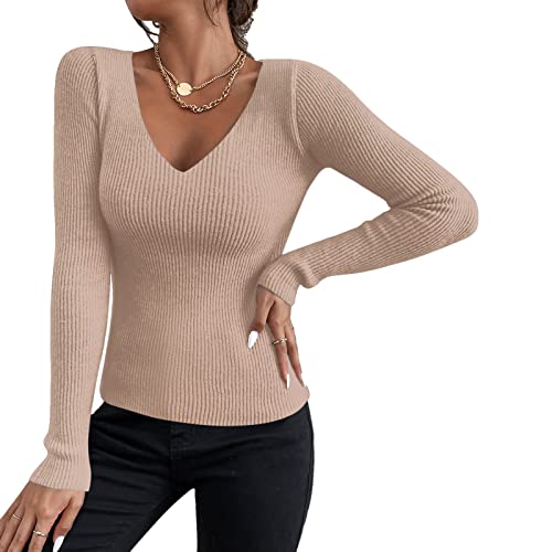 Shujin Damen Basic Strickpullover mit V-Ausschnitt Gerippt Slim Fit Dünn Pulli Sexy Langarmshirt Strickpulli Lässige Sweater Pullover für Herbst Winter(Hellkhaki,One Size) von Shujin