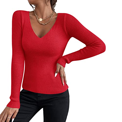 Shujin Damen Basic Strickpullover mit V-Ausschnitt Gerippt Slim Fit Dünn Pulli Sexy Langarmshirt Strickpulli Lässige Sweater Pullover für Herbst Winter(Rot,One Size) von Shujin