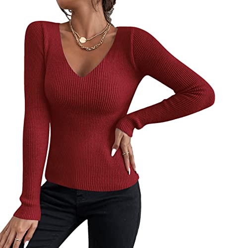 Shujin Damen Basic Strickpullover mit V-Ausschnitt Gerippt Slim Fit Dünn Pulli Sexy Langarmshirt Strickpulli Lässige Sweater Pullover für Herbst Winter(Weinrot,One Size) von Shujin