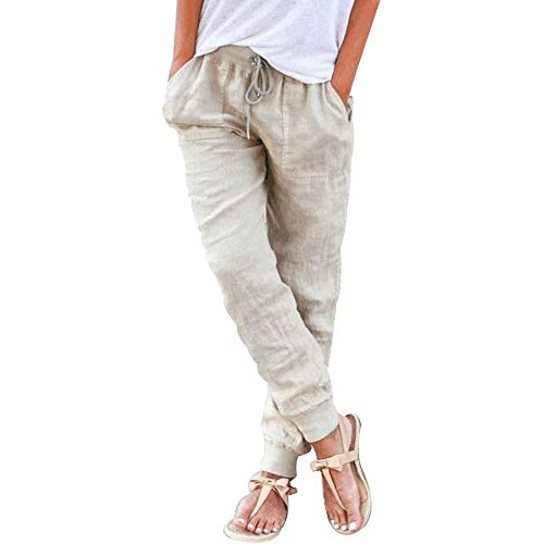Shujin Damen Baumwolle 7/8 Länge Leichte Sommerhose Strandhose Weich Bequem Loose Einfarbig Freizeithose Jogginghose Mit Kordelzug,Beige,XL von Shujin