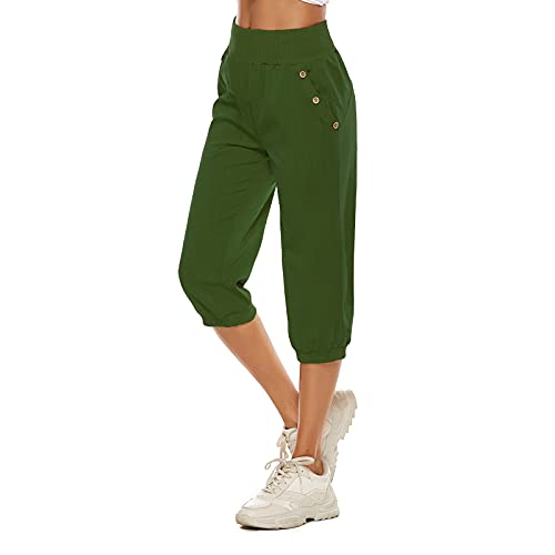 Shujin Damen Baumwolle Leinen Capri Hose Sommer Leicht 3/4 Länge Kurze Haremshose Baggy Pumphose Ballonhose Pluderhose Yogahose Aladinhose Lässig Einfarbig （A Armeegrün，S） von Shujin