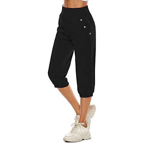 Shujin Damen Baumwolle Leinen Capri Hose Sommer Leicht 3/4 Länge Kurze Haremshose Baggy Pumphose Ballonhose Pluderhose Yogahose Aladinhose Lässig Einfarbig （A Schwarz，XS） von Shujin