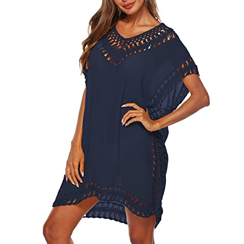 Shujin Damen Boho Gestrickte Strandkleid V-Ausschnitt Badeanzug Bikini Cover Up Sommer Überwurf Strandponcho Bademode Strandurlaub Pareos Beach Strandtunika Sommerkleid(Marine,Große Größe) von Shujin