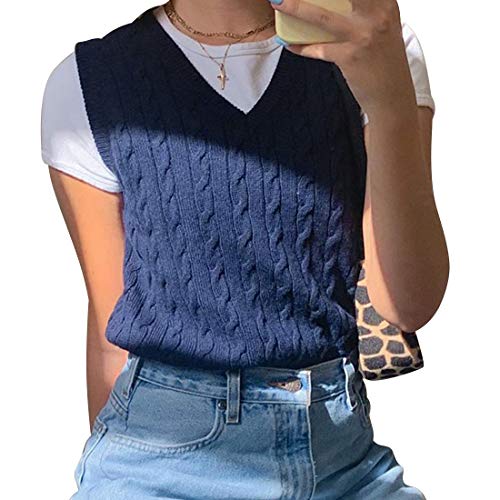 Shujin Damen Crop Pullunder Preppy Stil Y2K Strickweste V-Ausschnitt Kariert Zopfmuster Ärmelloser Strickpullover Vintage Casual Kurz Weste für Mädchen(Dunkelblau,S) von Shujin