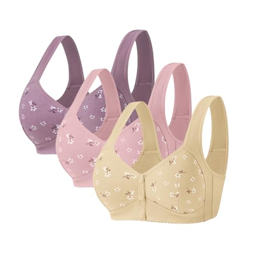 Shujin Damen Daisy BH mit Vorderverschluss aus Baumwolle, Soft BH mit Druckknopf Vorne ohne Bügel Gepolstert Daisy Bras für Senioren Komfortabler Nahtloser Bequemer BH(Beige+Lila+Rosa,48) von Shujin