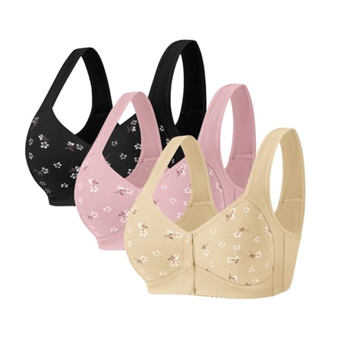 Shujin Damen Daisy BH mit Vorderverschluss aus Baumwolle, Soft BH mit Druckknopf Vorne ohne Bügel Gepolstert Daisy Bras für Senioren Komfortabler Nahtloser Bequemer BH(Beige+Rosa+Schwarz,46) von Shujin