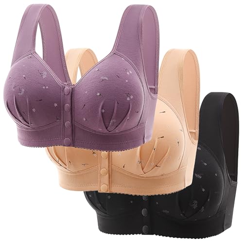 Shujin Damen Daisy BH mit Vorderverschluss aus Baumwolle, Soft BH mit Druckknopf Vorne ohne Bügel Gepolstert Daisy Bras für Senioren Komfortabler Nahtloser Bequemer BH(Schwarz+Hautfarbe+Lila,40) von Shujin