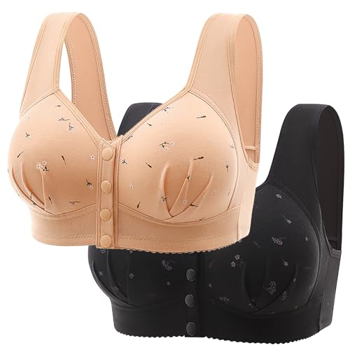 Shujin Damen Daisy BH mit Vorderverschluss aus Baumwolle, Soft BH mit Druckknopf Vorne ohne Bügel Gepolstert Daisy Bras für Senioren Komfortabler Nahtloser Bequemer BH(Schwarz+Hautfarbe,44) von Shujin