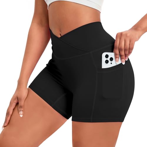 Shujin Damen Gym Shorts V Cross mit Handytasche Sportshorts High Waist Push Up Kurze Sporthose Nahtlos Blickdicht Workout Leggings Radlerhose für Sommer Yoga Fitness Lauf(1pc Schwarz,M) von Shujin