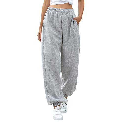 Shujin Damen Hosen Jogginghose Casual Sweathose Elastische Taille mit Taschen Locker Fit Baggy Einfarbige Sporthose Trainingshose Enger Beinabschluss A Grau-fleece M von Shujin