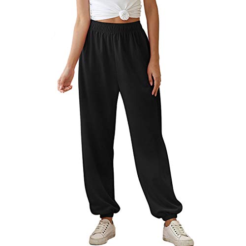 Shujin Damen Hosen Jogginghose Casual Sweathose Elastische Taille mit Taschen Locker Fit Baggy Einfarbige Sporthose Trainingshose Enger Beinabschluss B Schwarz-dünn M von Shujin