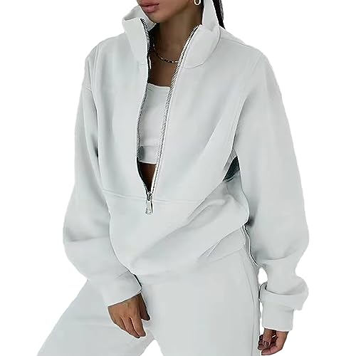 Shujin Damen Jogginganzug Fleece 2 Stück Outfits y2k Langarm Oversized Pullover mit Reißverschluss und Jogginghosen Warm Freizeitanzug Sportswear Traingsanzug Sportanzug(Weiß,XXL) von Shujin
