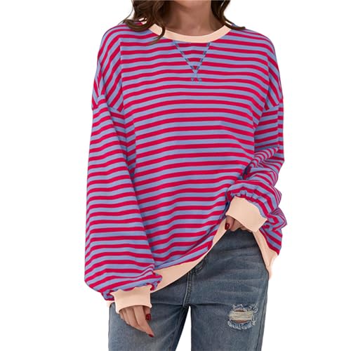 Shujin Damen Oversized Sweatshirt Gestreift Color Block Rundhals Langarmshirt Striped Long Sleeve dupes Lässig Lose Pullover Y2K Shirt Casual Oberteile Tops(Lila&Rosa,M) von Shujin