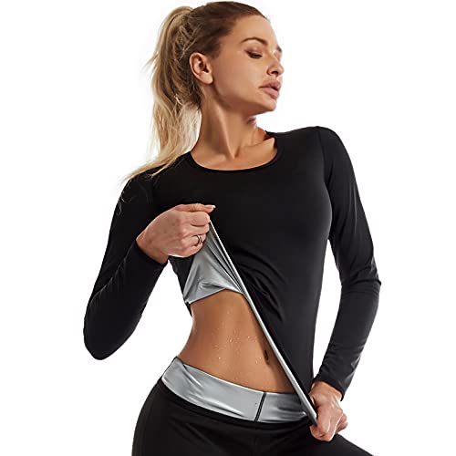 Shujin Damen Sauna Shirt Thermo Langarm Neopren Shirt Abnehmen Saunaanzüge Waist Trainer Schwitzanzug Schnelltrocknend Sportanzug Body Shaper (Schwarz/Top,L) von Shujin