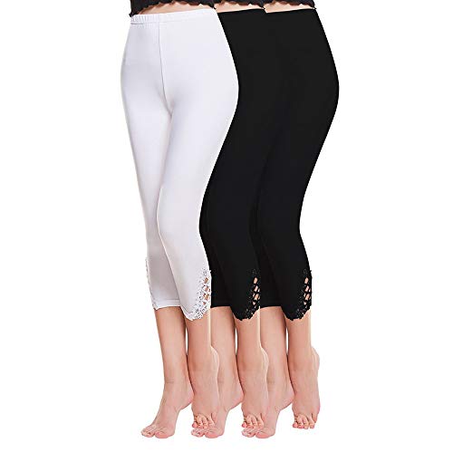 Shujin Damen Sommer 3er Pack Dünne Basic 3/4 Modal Leggings mit Spitzenbesatz Patchwork Capri Hose Casual kurz Freizeithose, 2*schwarz+1*weiß, Einheitsgröße / Taillenumfang: 58cm-95cm von Shujin