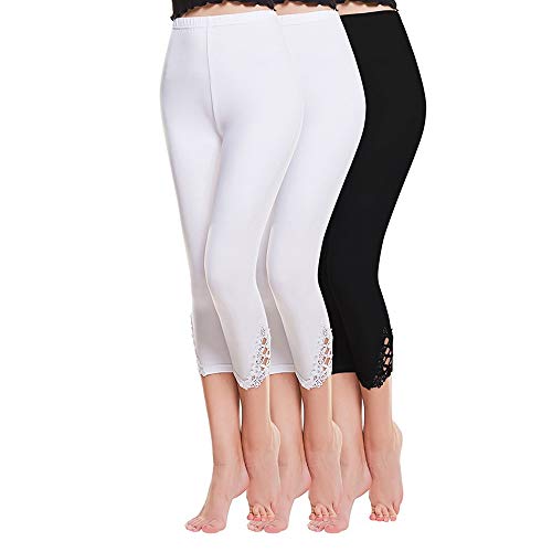 Shujin Damen Sommer 3er Pack Dünne Basic 3/4 Modal Leggings mit Spitzenbesatz Patchwork Capri Hose Casual kurz Freizeithose, 2*weiß+1*schwarz, Einheitsgröße / Taillenumfang: 58cm-95cm von Shujin