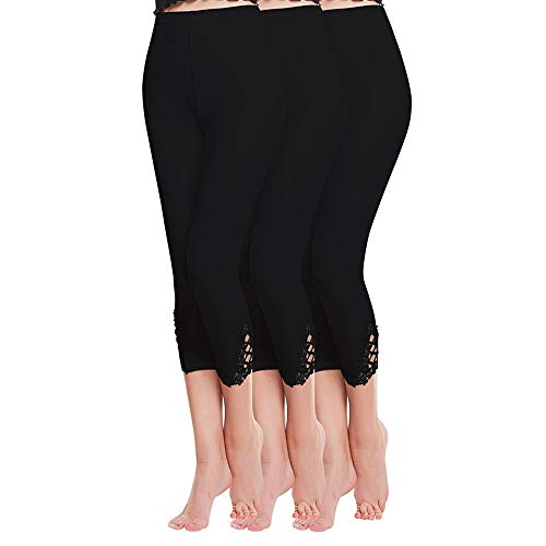 Shujin Damen Sommer 3er Pack Dünne Basic 3/4 Modal Leggings mit Spitzenbesatz Patchwork Capri Hose Casual kurz Freizeithose, 3*schwarz, Einheitsgröße / Taillenumfang: 58cm-95cm von Shujin