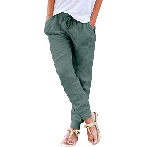 Shujin Damen Sommerhose aus Baumwolle Leinen 7/8 Länge Pumphose Haremshose Einfarbig Leichte Leinenhose Jogginghose Stretch Bequeme Strandhose Stoffhose Freizeithose(A Armeegrün,XXL) von Shujin