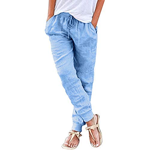 Shujin Damen Sommerhose aus Baumwolle Leinen 7/8 Länge Pumphose Haremshose Einfarbig Leichte Leinenhose Jogginghose Stretch Bequeme Strandhose Stoffhose Freizeithose(A Hellblau,M) von Shujin