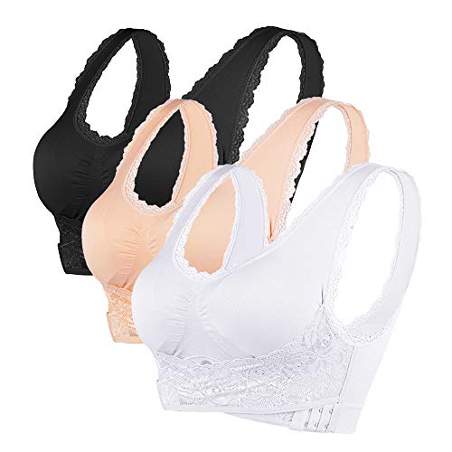 Shujin Damen Spitzen Sport BH 1/2/3er Pack ohne Bügel Atmungsaktiver Nahtlos Bra Wohlfühl-BH Stretch Dünn Fitness Top mit Vorderverschluss für Yoga Fitness-Training von Shujin