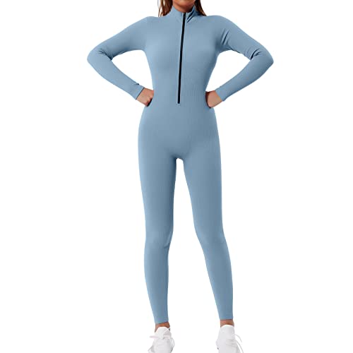 Shujin Damen Sport Jumpsuit mit Reißverschluss Workout Bodysuit V-Ausschnitt Playsuits Gerippte Strick Overall Langarm Bodycon Strampler,Blau,M von Shujin