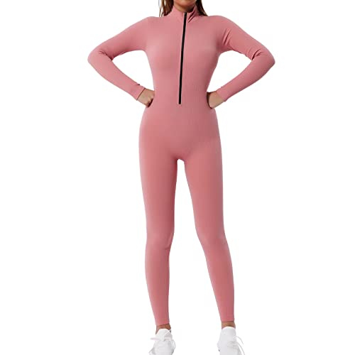 Shujin Damen Sport Jumpsuit mit Reißverschluss Workout Bodysuit V-Ausschnitt Playsuits Gerippte Strick Overall Langarm Bodycon Strampler,Rosa,L von Shujin