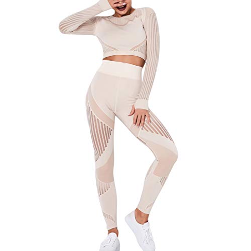 Shujin Damen Trainingsanzug Jogginganzug aus Langarm Crop Top mit Hoher Taille Leggings Nahtlos Sportanzug 2 Stücke Outfits Yoga Gym Enge Sportanzüge (D Khaki,XS) von Shujin