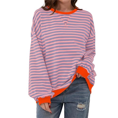 Shujin Gestreiftes Oversized Sweatshirt für Damen Striped Color Block Rundhals Long Sleeve Dupes Y2K Shirt Lässig Langarmshirt Lose Pullover Oberteile Tops(Orange Pink,XL) von Shujin