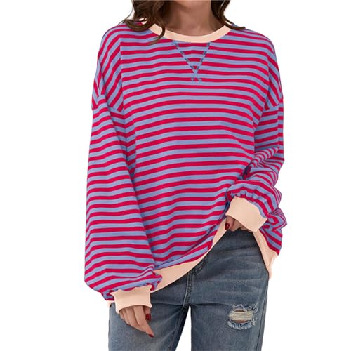 Shujin Gestreiftes Oversized Sweatshirt für Damen Striped Color Block Rundhals Long Sleeve Dupes Y2K Shirt Lässig Langarmshirt Lose Pullover Oberteile Tops(Rose Pink,L) von Shujin