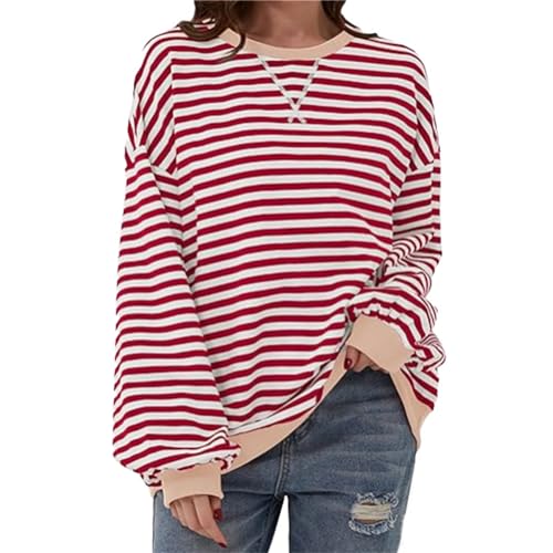 Shujin Gestreiftes Oversized Sweatshirt für Damen Striped Color Block Rundhals Long Sleeve Dupes Y2K Shirt Lässig Langarmshirt Lose Pullover Oberteile Tops(Rot Weiß,XL) von Shujin