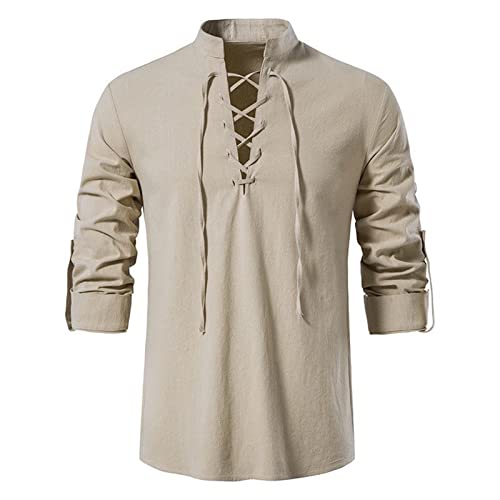Shujin Herren Leinenhemd Langarm Mittelalter Hemd mit Schnürung Hemden Stehkragen Gothic Steampunk T-Shirt Atmungsaktiv V-Ausschnitt Einfarbig Sommer Freizeithemd(Khaki,XXL) von Shujin
