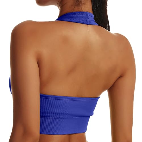 Shujin Neckholder Sport BH Damen Rückenfrei Gepolstert Cups Bustier Ohne Bügel Push up Backless Sport Bra Mittlerer Halt Workout BH Crop Top für Yoga Fitness(1pc-Dunkelblau,S) von Shujin