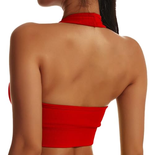 Shujin Neckholder Sport BH Damen Rückenfrei Gepolstert Cups Bustier Ohne Bügel Push up Backless Sport Bra Mittlerer Halt Workout BH Crop Top für Yoga Fitness(1pc-Rot,XL) von Shujin