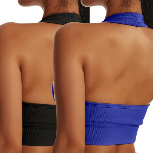 Shujin Neckholder Sport BH Damen Rückenfrei Gepolstert Cups Bustier Ohne Bügel Push up Backless Sport Bra Mittlerer Halt Workout BH Crop Top für Yoga Fitness(2pc-Schwarz+Dunkelblau,M) von Shujin