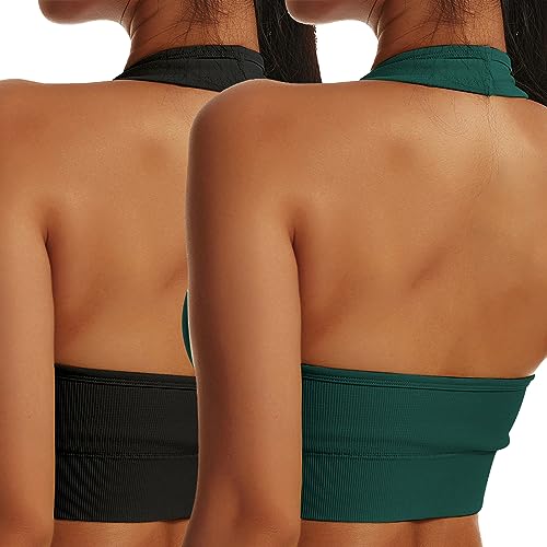 Shujin Neckholder Sport BH Damen Rückenfrei Gepolstert Cups Bustier Ohne Bügel Push up Backless Sport Bra Mittlerer Halt Workout BH Crop Top für Yoga Fitness(2pc-Schwarz+Dunkelgrün,M) von Shujin