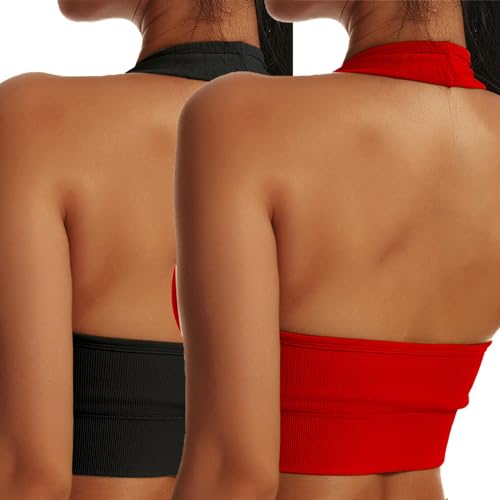 Shujin Neckholder Sport BH Damen Rückenfrei Gepolstert Cups Bustier Ohne Bügel Push up Backless Sport Bra Mittlerer Halt Workout BH Crop Top für Yoga Fitness(2pc-Schwarz+Rot,M) von Shujin