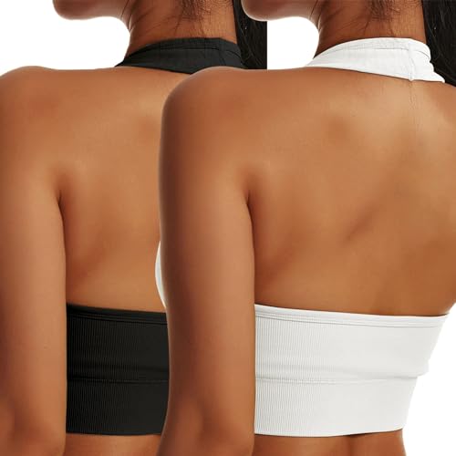 Shujin Neckholder Sport BH Damen Rückenfrei Gepolstert Cups Bustier Ohne Bügel Push up Backless Sport Bra Mittlerer Halt Workout BH Crop Top für Yoga Fitness(2pc-Schwarz+Weiß,M) von Shujin