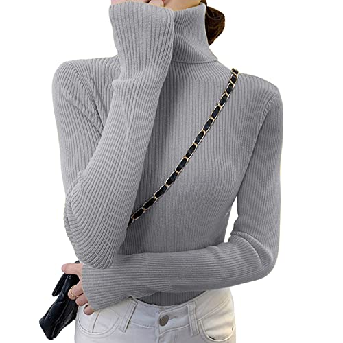 Shujin Rollkragenpullover Damen Dünn Pullover Basic Langarm Strickpullover Weich Stretch Strickpulli Elegant Slim Fit Einfarbig Pulli Sweatshirts für Herbst Winter(Grau,One Size) von Shujin